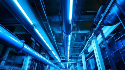 A blue and white industrial space with a lot of pipes and wires. The blue and white color scheme gives the space a clean and modern look