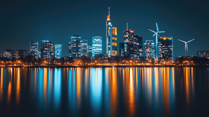 Energy Reuse and Renewable Energy，a high-tech renewable energy recovery system, seamlessly integrating with towering wind turbines and expansive solar panels in the distance. this advanced setup repre