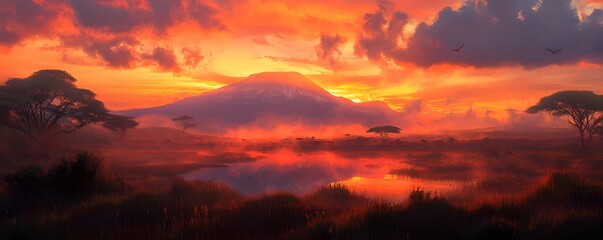 Naklejka premium A vibrant sunrise over Mount Kilimanjaro, with warm orange and red tones reflecting on the peak and soft mist hovering over the savannah
