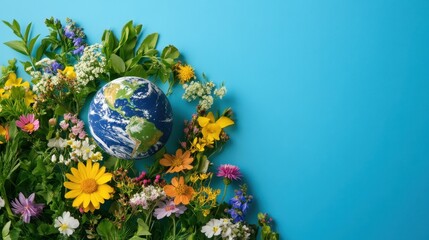 Ethereal Earth Daydream - Hand-drawn Earth sketch on a bed of wildflowers and natural textures in a nature-inspired flat lay composition.