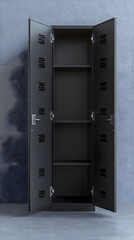 Sleek Black Metal Locker: Open Door View, Industrial Design, Empty Interior Storage Space