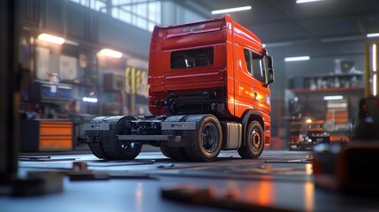 Red truck in a repair garage