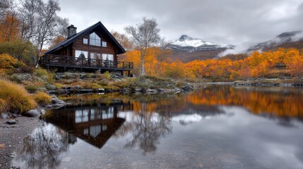 Obraz premium Autumn cabin reflecting on lake