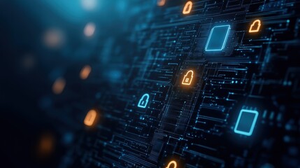 Fototapeta premium Futuristic Digital Circuit Board with Electronic Lock Icons, Data Protection, and Cybersecurity Concepts in Blue and Orange Colors