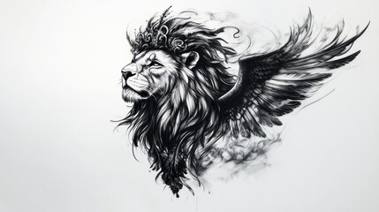 Obraz premium Winged lion, art illustration. Regal creature for fantasy,myth, tattoo design, art projects