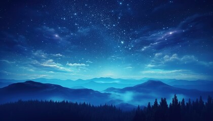 Fototapeta premium Starry sky over misty mountains landscape with forest foreground; for astronomy or peaceful backgrounds