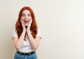 Excited Redhead Woman in Casual Style Expressing Amazement with Beige Background in Lifestyle Photograph