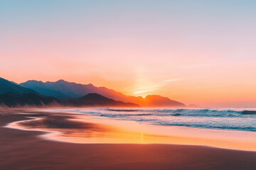 Fototapeta premium Golden sunrise over a scenic coastline with gentle waves reflecting the morning light