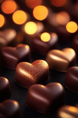 Fototapeta premium Shiny chocolate hearts on a dark background with warm glow. 
