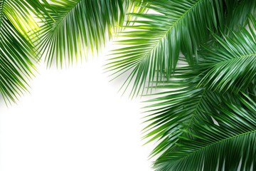 Obraz premium Close-up of tropical palm leaves with vibrant green colors on white background emphasizing texture and minimalism