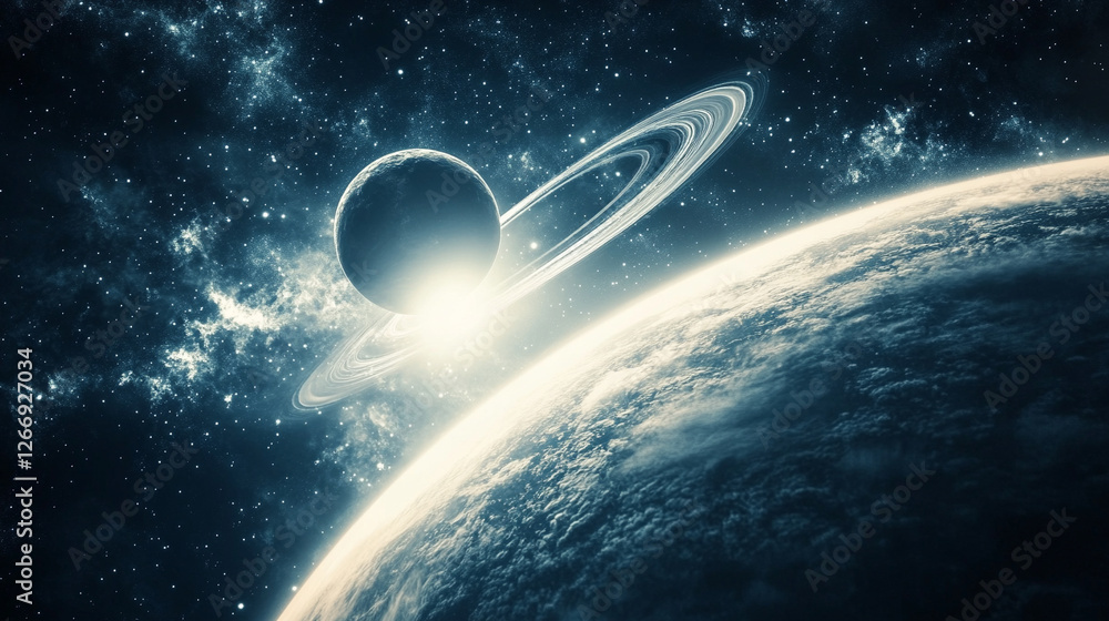 Poster celestial view showcasing a planet with rings and a distant celestial body in space