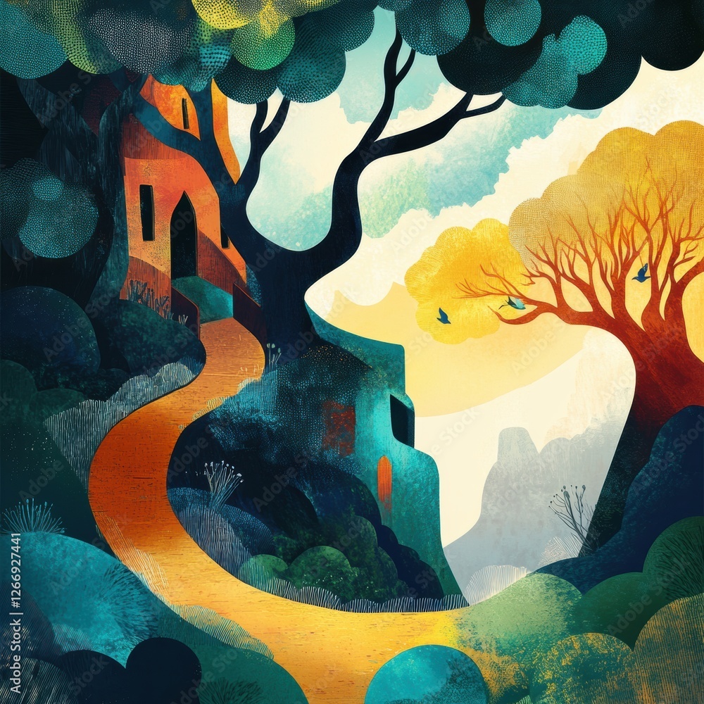 Poster vibrant landscape featuring a winding path through a serene forest with colorful trees and distant m