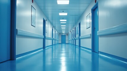 Fototapeta premium Bright and Clean Hospital Corridor with Blue Walls and Floors