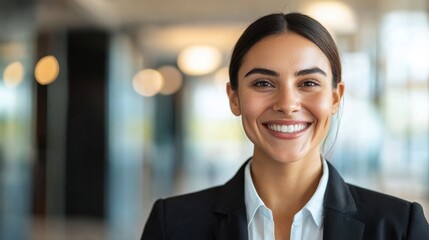 Confident Businesswoman in Professional Suit Smiling Radiantly at Camera Exuding Positivity and Professionalism in Office Setting