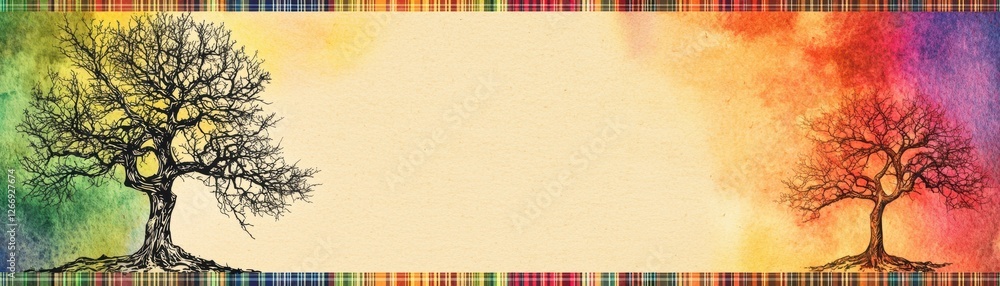 Poster two stylized trees frame a colorful, gradient background, creating a vibrant and artistic border, pe