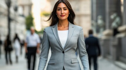Confident Businesswoman in Stylish Suit and Crisp White Shirt Exuding Professionalism and Empowerment in Modern Workplace