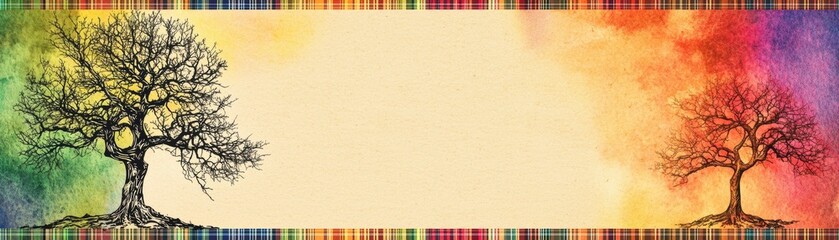 Two stylized trees frame a colorful, gradient background, creating a vibrant and artistic border, perfect for design or nature-themed projects., National Tartan Day