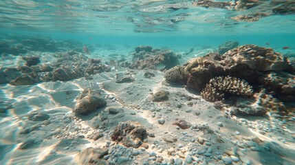 Fototapeta premium Clownfish gracefully swimming over colorful coral reef in clear turquoise waters with natural light