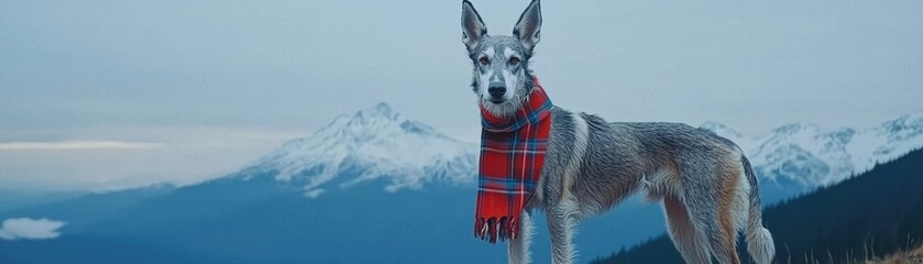 A scenic image of a canine wearing a red scarf, set against a backdrop of majestic snowy mountains., National Tartan Day