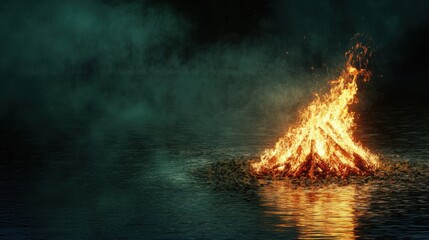 Obraz premium Fiery Bonfire on Still Waters: A Mystical Night Scene