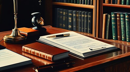 Fototapeta premium A lawyerâ€™s desk with organized contracts, legal books, and a stylish pen. digital