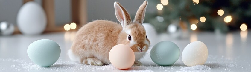 Fototapeta premium Easter Eggs Celebration Concept. A cute bunny surrounded by colorful Easter eggs, set against a softly lit background with decorative elements.