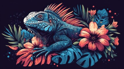 Obraz premium Vibrant iguana surrounded by tropical flowers and leaves. Digital art. Possible stock photo use
