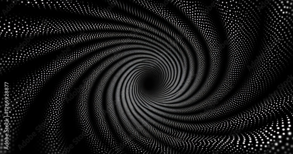 Poster abstract expressionism vortex of black and white dots with spiraling depth and high contrast lightin