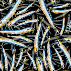 Seamless pattern with many shiny sprat fish in layers. Watercolor pattern of fish on dark background.