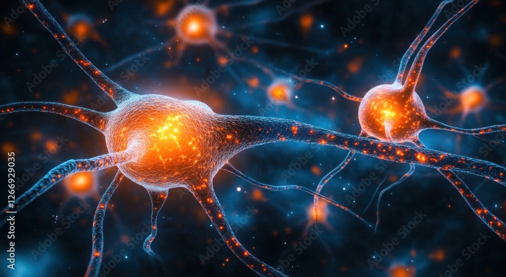Poster close-up of neurons interacting with synapse in futuristic style