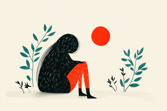 Minimalist digital illustration of a sad woman sitting alone surrounded by plants, conceptual art