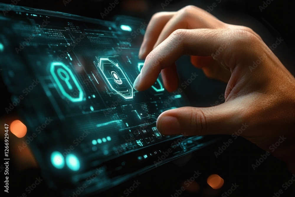 Poster cybersecurity icon and network security technology digital interaction touchscreen holographic eleme