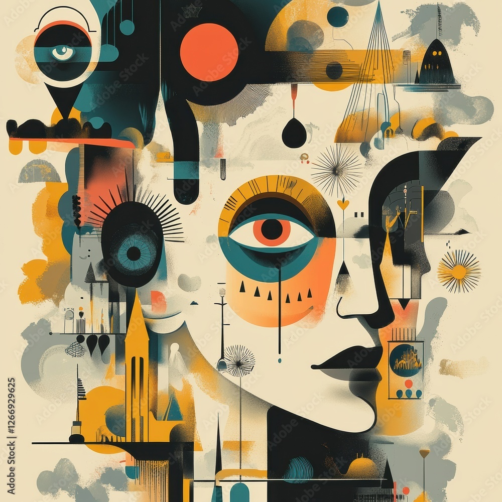 Poster intriguing portrait with geometric shapes and vibrant colors blending elements of fantasy and surrea