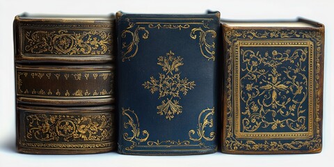 Fototapeta premium Vintage Leather Book Covers with Gold Leaf Design Isolated on White Background Classic Literature Collection