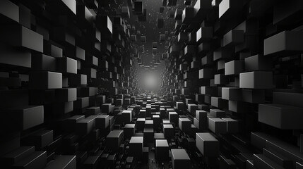 Abstract Cube Tunnel: A mesmerizing abstract tunnel formed by an array of black cubes, illuminated by a distant point of light. The geometric pattern creates a sense of depth and perspective.