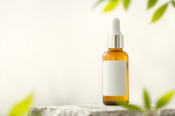 Brown serum bottle with clear, white label and minimalistic, light background. Ideal for cosmetic product mockup. 
