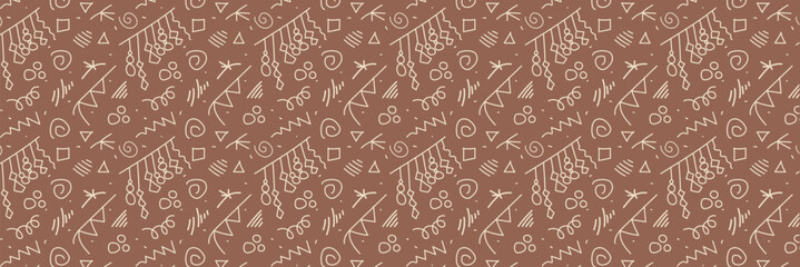 Memphis geometric seamless pattern. Abstract modern background in retro style with various shapes: circles, semicircles, dots, zigzags, spirals, wavy lines. Vector doodle design.