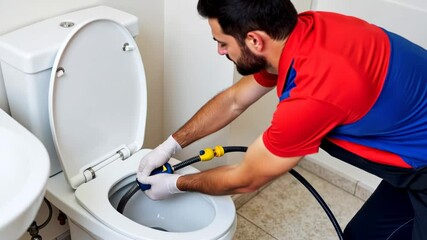 Professional Plumber Performing Toilet Bowl Cleaning in a Bathroom