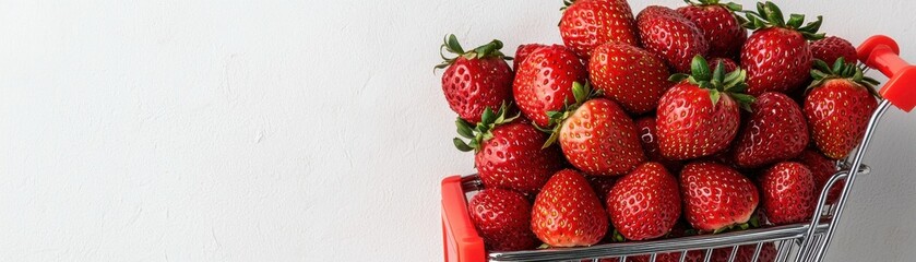 Fresh Juicy Strawberries in a Small Shopping Cart on a Light Background