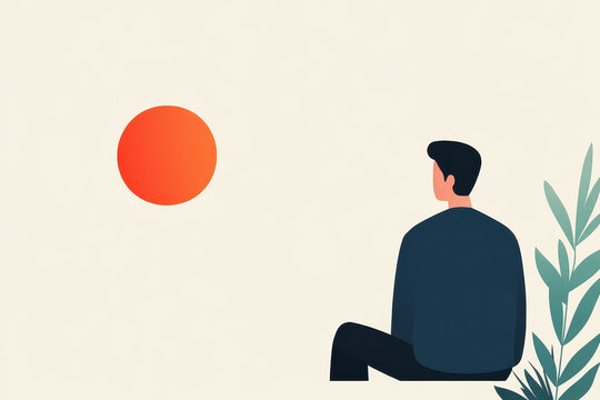 Minimalist illustration of a contemplative man sitting and watching the sunset