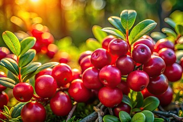 Obraz premium Architectural study: vibrant red cowberries bask in sunlight; a close-up reveals their intricate detail within the forest.