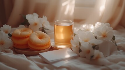 Tranquil Tea Time with Delicate Doughnuts and Blossoms
