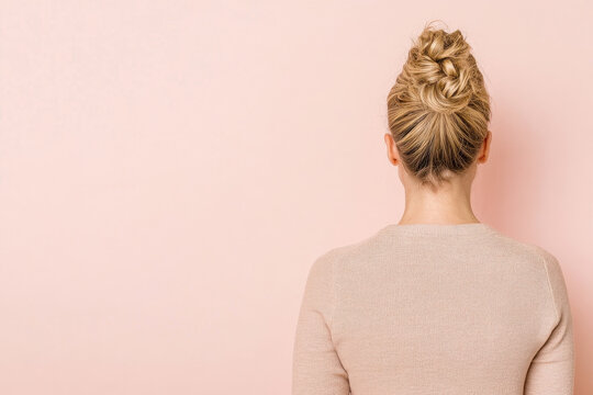 Back view of woman with elegant blonde updo hairstyle against pastel pink background