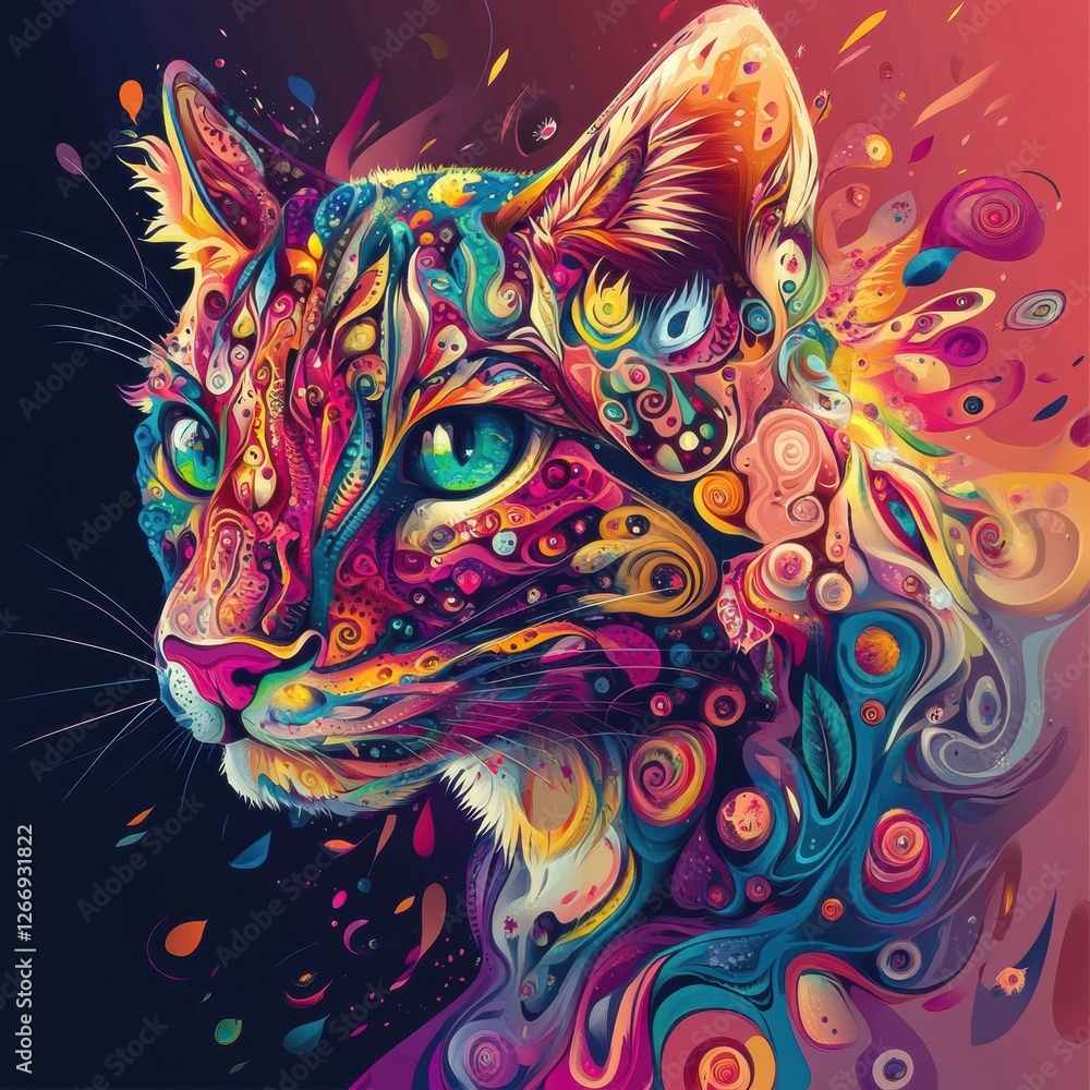 Poster colorful abstract cat illustration showcases vibrant patterns and details in a mesmerizing display o