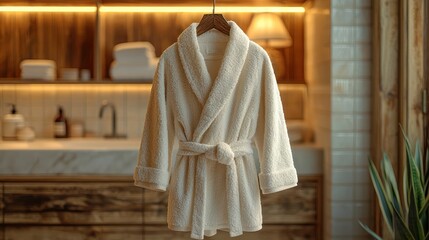 Naklejka premium Luxurious Cream Bathrobe Hanging in a Spa-like Bathroom