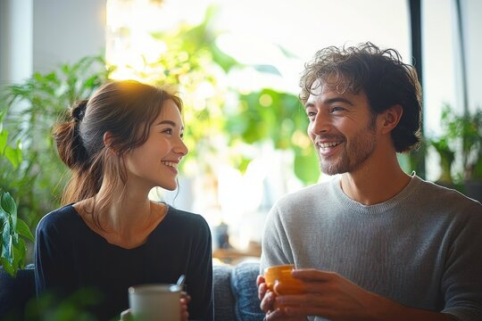 Senior Japanese Couple Relaxing Indoors in a Cozy Living Room with Houseplants and Soft Natural Light