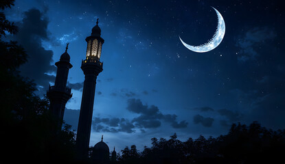 Ramadan Kareem greeting. Islamic crescent moon and lantern. End of fasting. ramadan decorations, Eid al-Fitr. Breaking of holy fast day. Muslim holiday. Arab night sky.