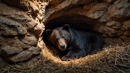 Brown Bear with calm demeanor resting in stone den against straw bedding