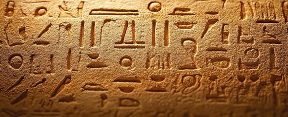 Ancient Egyptian Hieroglyphs on Sandy Background with Dramatic Lighting