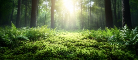 Obraz premium Serene forest landscape with sunlight filtering through trees, highlighting lush greenery